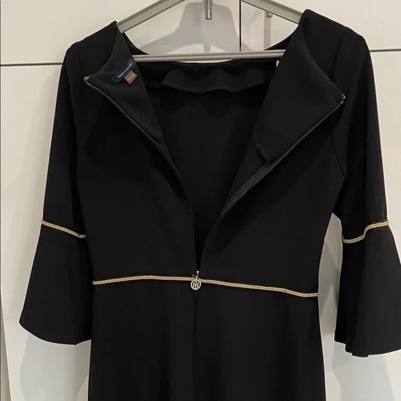 Tommy Hilfiger Women's 3/4 Bell Sleeve Elegant Black Dress With Gold Trim - Picture 10 of 16